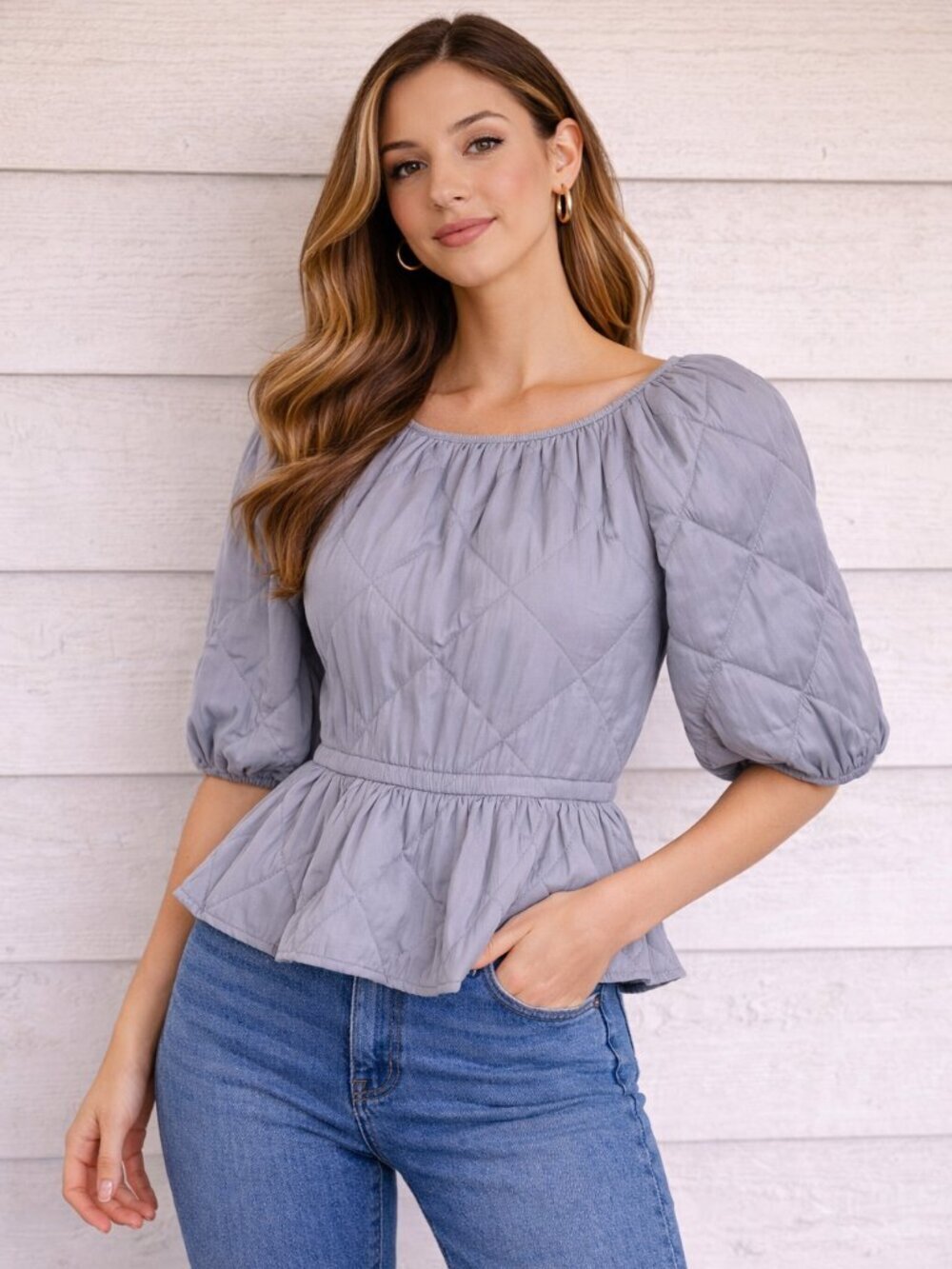 H&M Gray Quilted Puff Sleeve Blouse XS | Lightweight Diamond Stitch Top
